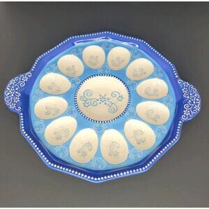 Deviled Egg Plate Tray Temptations by Tara Floral 11.5” Light and Dark Blue EUC